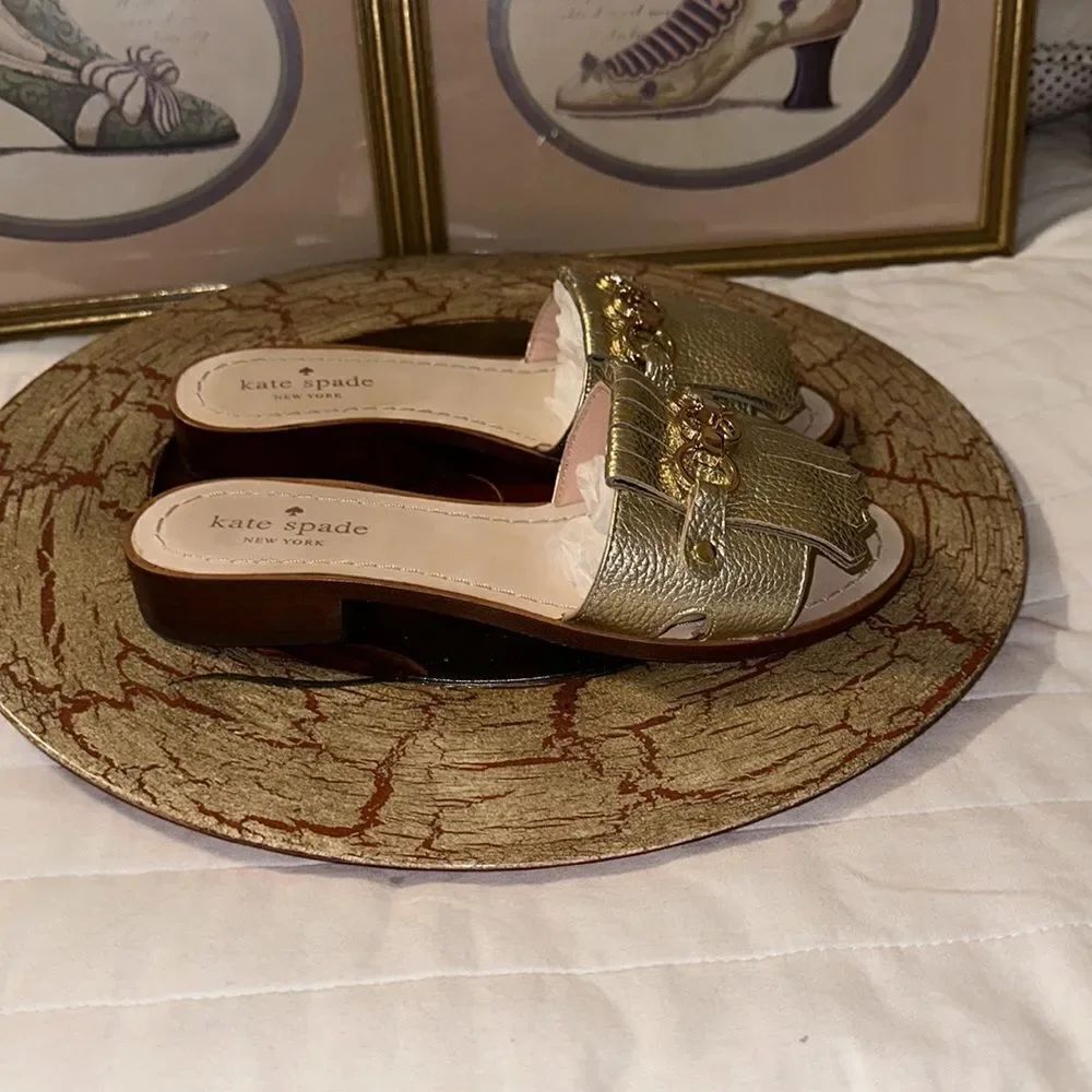 kate spade 6 Brie Kilkie Gold Metallic Leather Slides Sandals - Picture 5 of 16